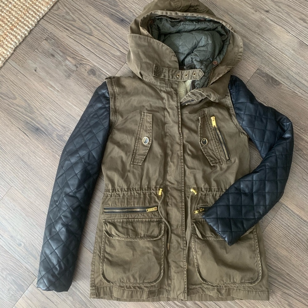 Zara Utility Military Parka Jacket Coat leather